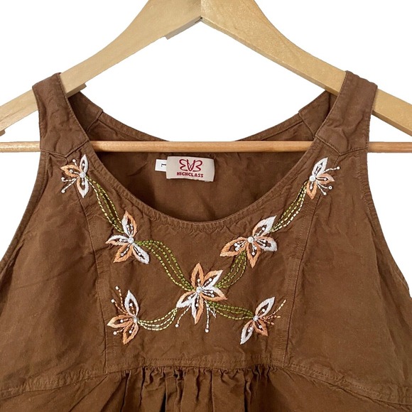 Girls Pullover Cotton Flower Embroidered Sundress With Lining Brown Size Large - Picture 2 of 5